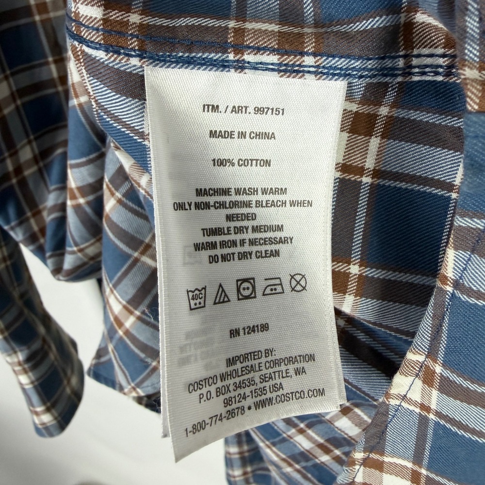 Kirkland Signature Men's XL Blue Brown Plaid Non-Iron Button-Down Shirt 997151 - Picture 7 of 8